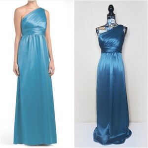 AMSALE Charmeuse One Shoulder Long Formal Maxi Dress 4 Turquoise Pacific Blue